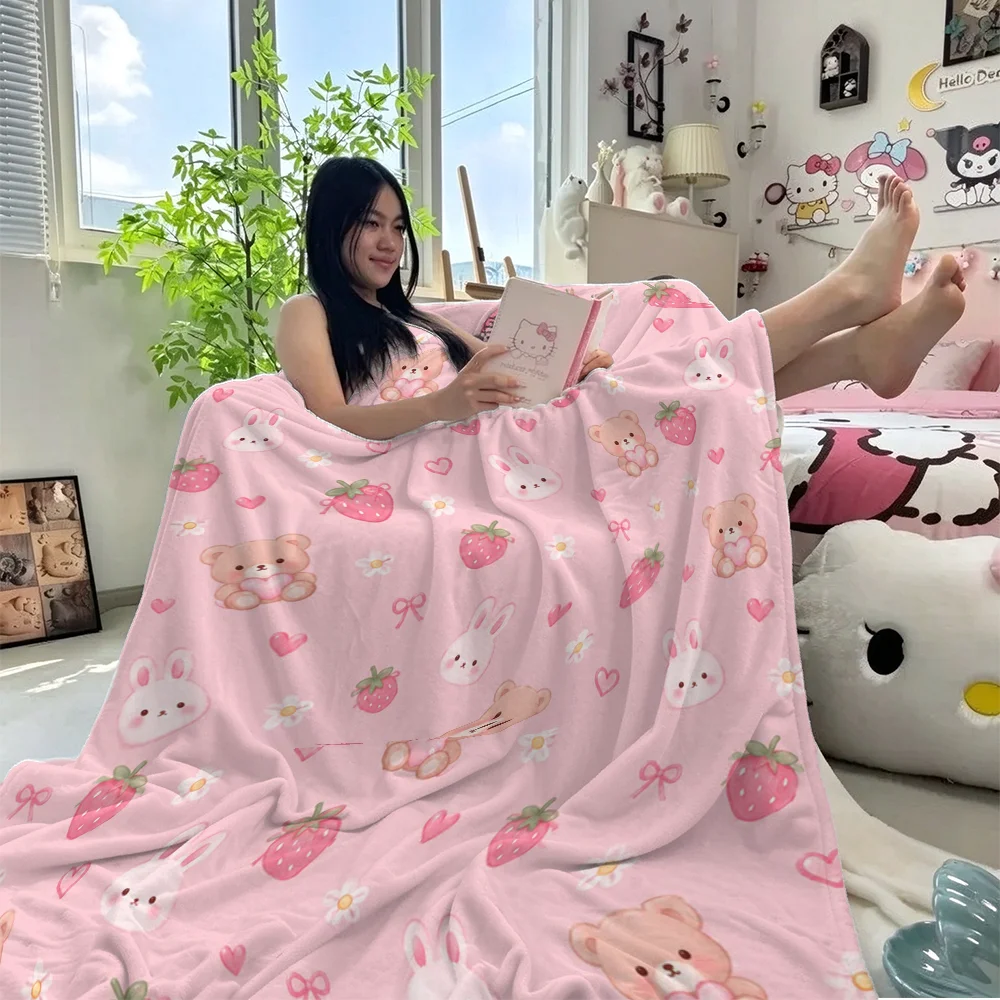 Valentine Flannel Blanket Cute Pink Strawberry Bear Bunny Heart Print Soft Fleece Throw Sofa Baby Winter Gift