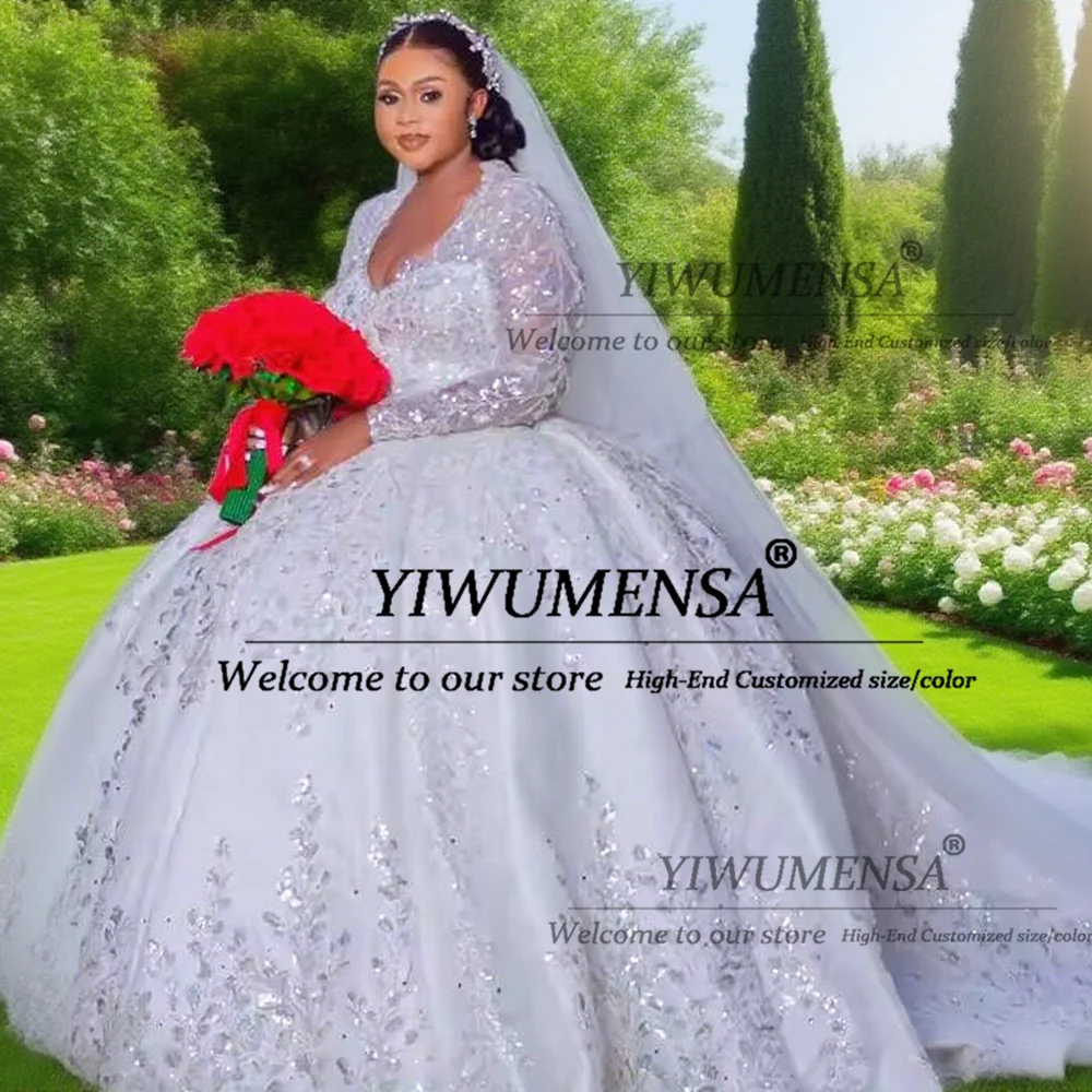 Squisito scollo a V paillettes applicazioni di pizzo abiti da sposa per la sposa maniche lunghe principessa abito da ballo sposa banchetto Vetidos De Novia