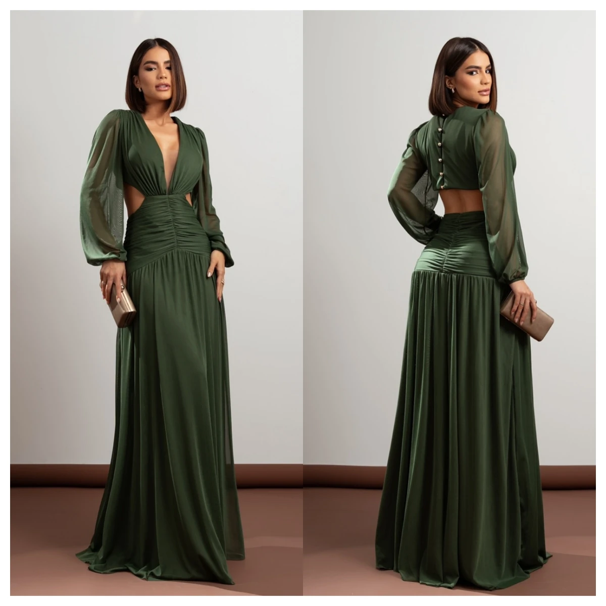 Sukienka wieczorowa z zielonego dżerseju na zamówienie, wykwintna, dekolt w serek, długie rękawy, suknie celebrytek, szyte na miarę suknie okolicznościowe, perły, temperament.