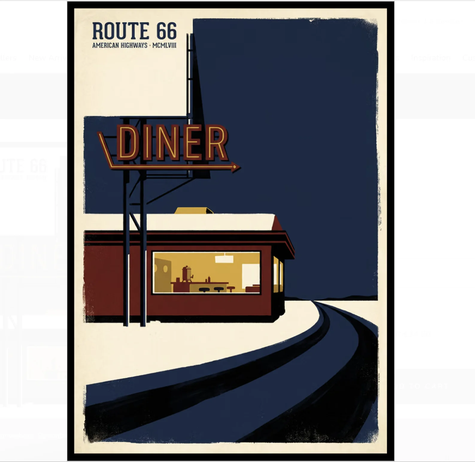 Route 66 Diner Vintage Wall Art Canvas Prints, Retro Highway Travel Posters, Mid‑Century Decor for Living Room Study Room Decor
