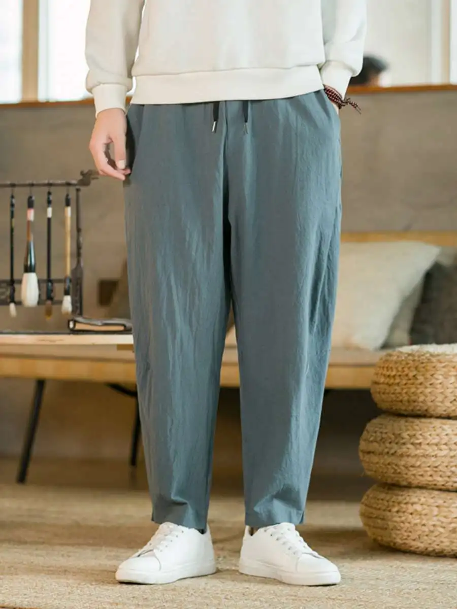 

New Men's Cotton Linen Casual Pants Summer Thin Straight Leg Wide Leg Harem Loose Fit Comfortable Breathable Long Trousers