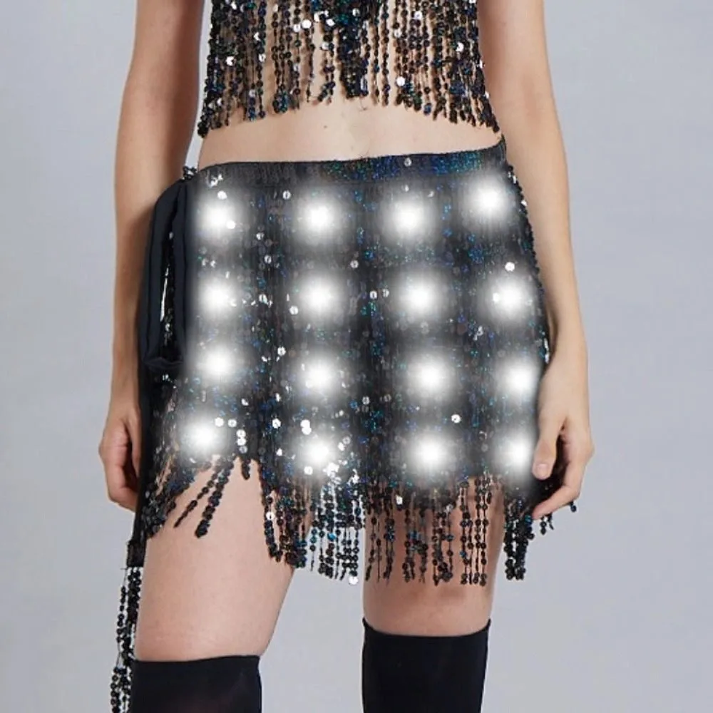 Belt Wrap Belly Dance Hip Scarf Shiny Lace-up LED Sequin Tassel Skirts Night Club Star Fringe Belly Dance Costumes Accessories