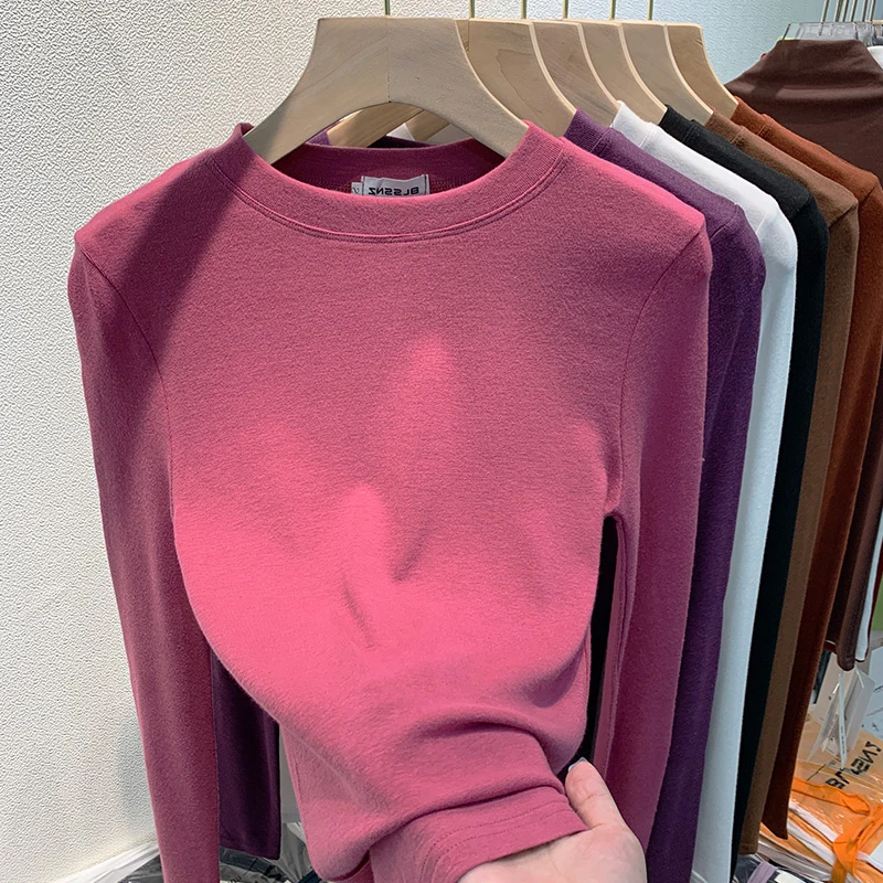 Feminine Long Sleeve Fleece Lined round Neck Base Shirt Women's Inner Wear Autumn Winter Trendy Top Street Style Euro Fashion