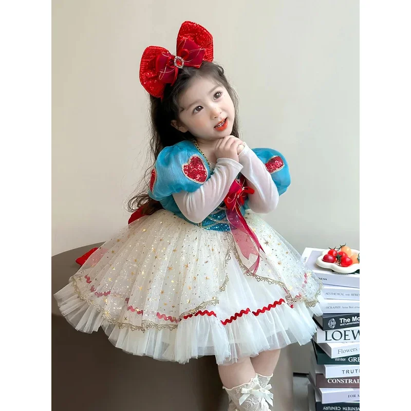 Vestido de niña Lolita 2025, primavera y otoño, nuevo vestido de malla Blancanieves para niños, ropa de fiesta de cumpleaños para bebé, vestido de flores para niña