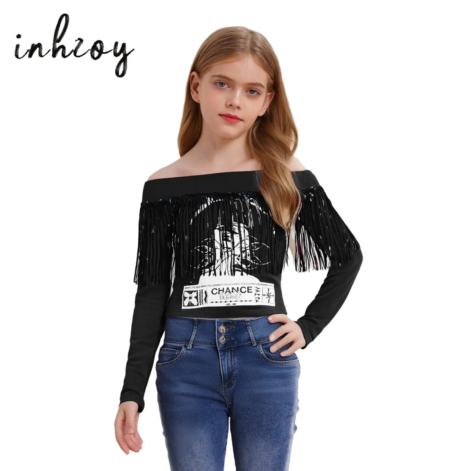 

Kids Girls Shiny Sequins Tassels Hip-Hop Jazz Dance Costume Off-Shoulder Long Sleeve Printed Cotton Shirt Top Fashion Streetwear