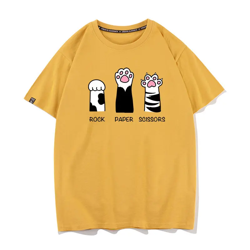Cat Claw Scissors Stone Paper Scissors Pattern Base Shirt Half Sleeve Cotton Short Sleeve T-shirt for Men and Women