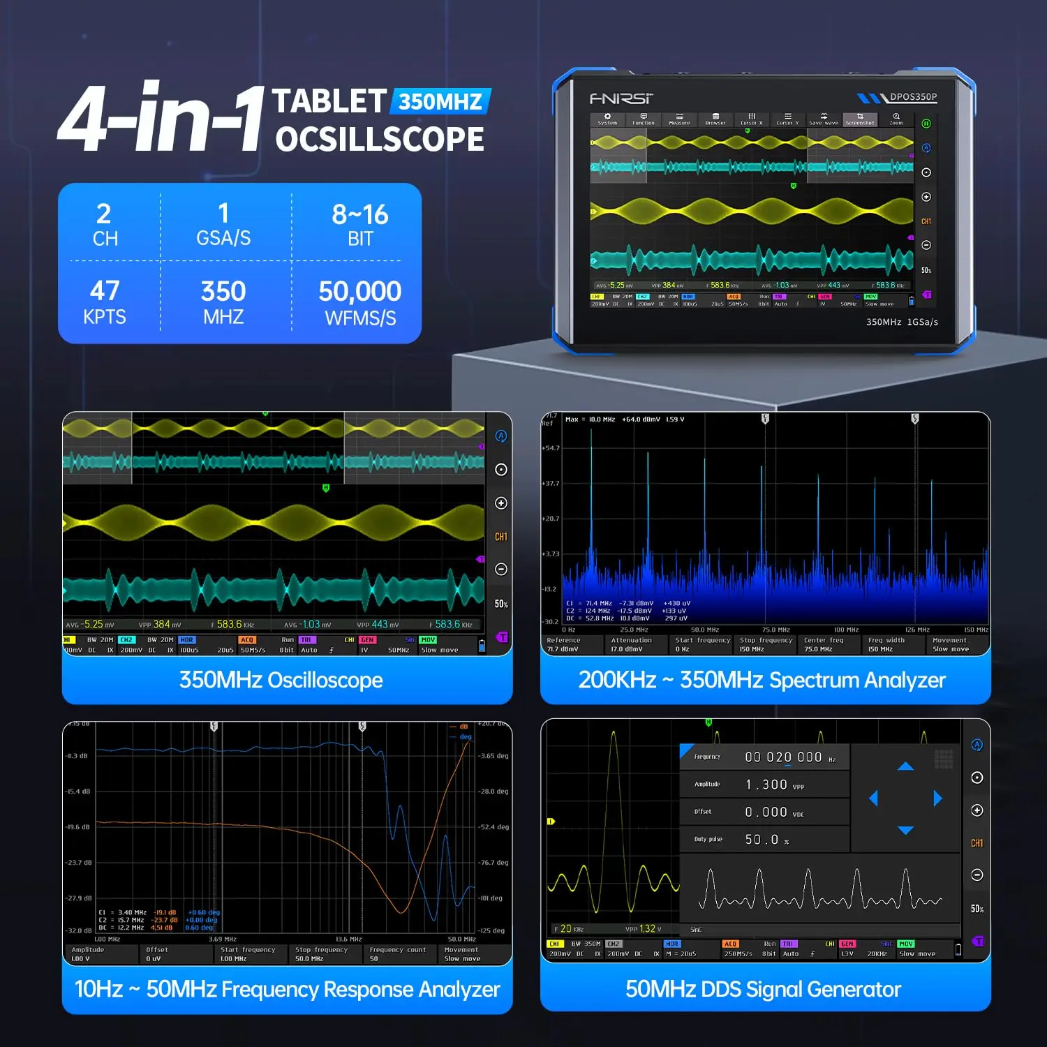 

FNIRSI 4-in-1 Tablet Oscilloscope 350MHz 1GSa/s Signal Gen Spectrum FRA for Lab Circuit Test Factory Calibrated