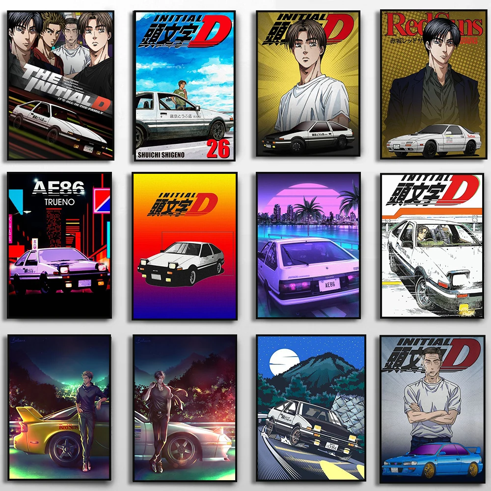 Initial D Poster Anime Initial Drift Car AE86 TAKUMI Neon Wall Art Kawaii Room Decor Quality Canvas Painting Home Decoration