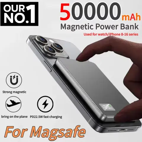 2025 New 50000mAh Magnetic Power Bank Large Capacity Wireless Super Fast Charging for Magsafe for Watch IPhine 8-16 Series