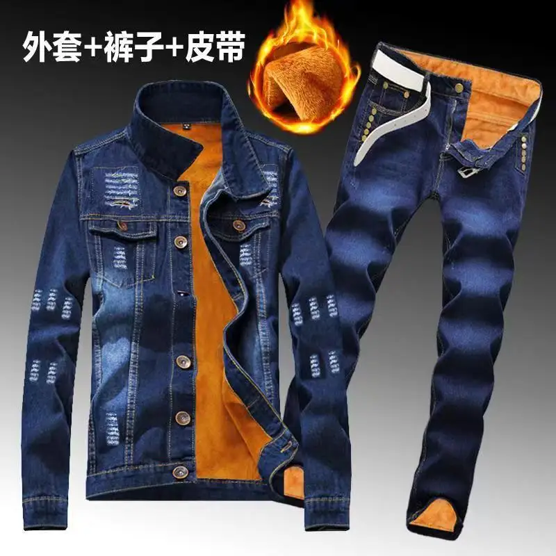 Winter Men Fleece Lining Thick Warm Denim Two Piece Set Slim Fit Cowbody Jacket Jeans Suit Cargo Sets