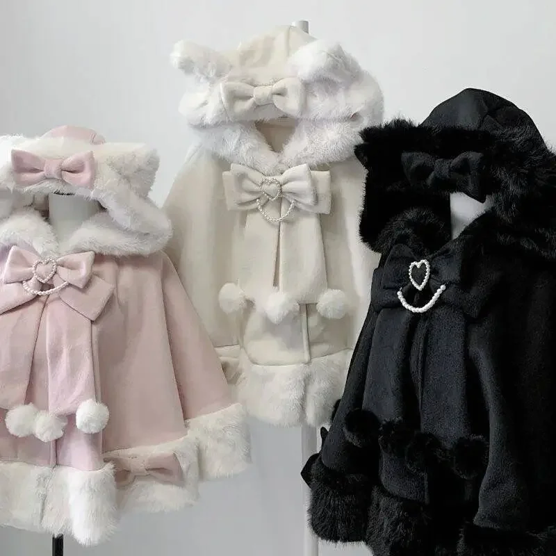 Design Bow Hooded Patchwork Kawaii Cope Coat Harajuku Warm Sweet Fur Collar Coat Winter New Japanese Lolita Cloak Overcoat Women