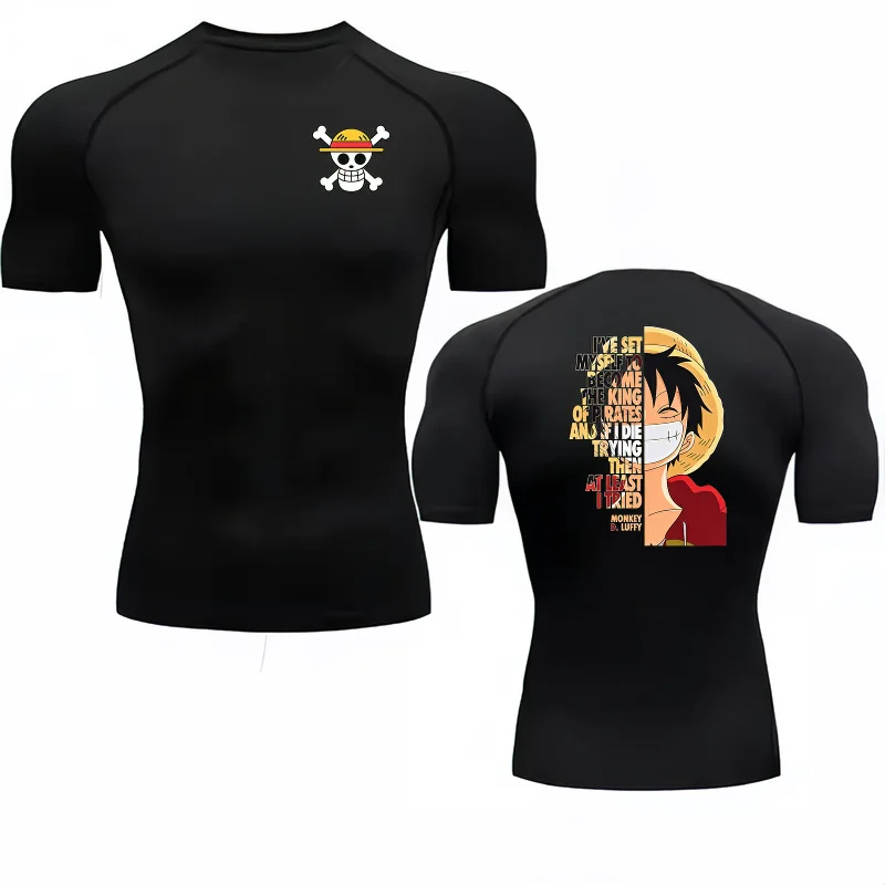 Bandai One Piece Luffy Anime Print Men's Compression T-Shirt, Quick Dry Breathable Gym Running Workout Elastic Fitness Top