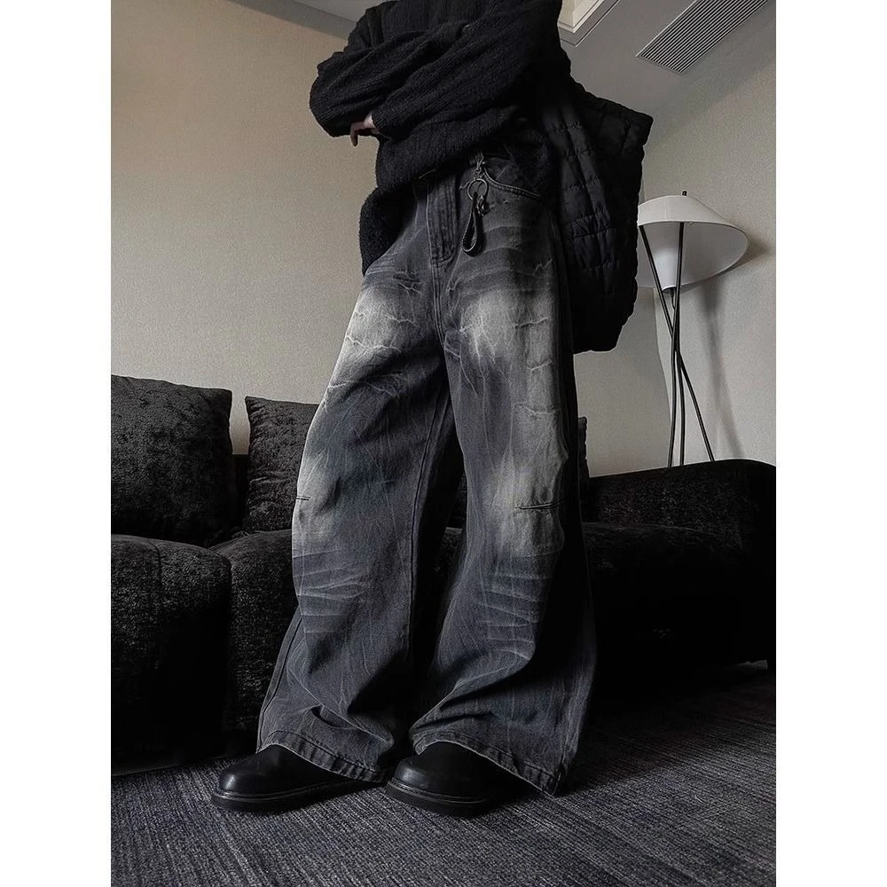 Chic Gothic Pockets Casual Pants American Retro Wash Personality Wide Leg Jeans Punk Street Style Fashion Denim Pants 2025