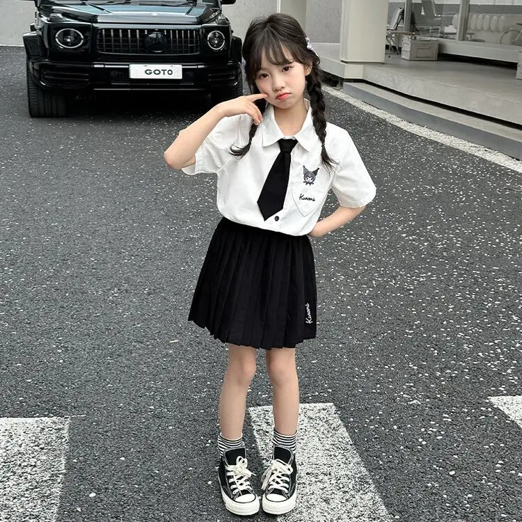 Sanrios Kuromi-Conjunto de dos piezas de Anime para niñas, uniforme Jk de Campus, Falda plisada de manga corta, falda Y2K, traje Preppy de verano, nuevo