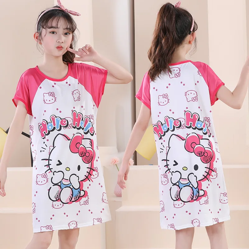 Kawaii Hello Kittys Dress Girls Nightgown Cartoon Anime Pajamas Summer Child ShortSleeves Sleepwear Dress Homewear Baby Clothing