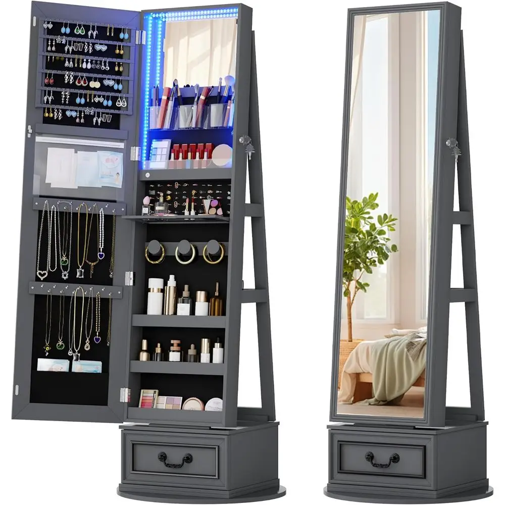 

Mirror Jewelry Cabinet Standing, 360° Swivel Jewelry Armoire with Full Length Mirror, Lockable Mirror with Jewelry Storage, 3-Co