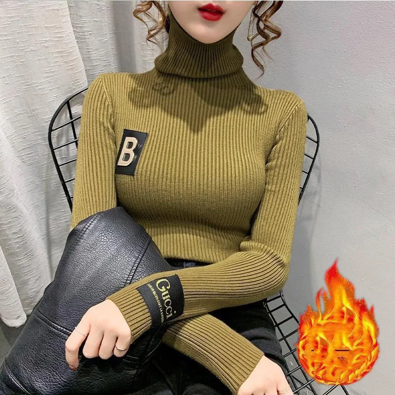 Autumn Winter New Women\'s Pullovers Solid Color Turtleneck Letter Casual Versatile Fashion Slim Sweaters Long Sleeve Tops