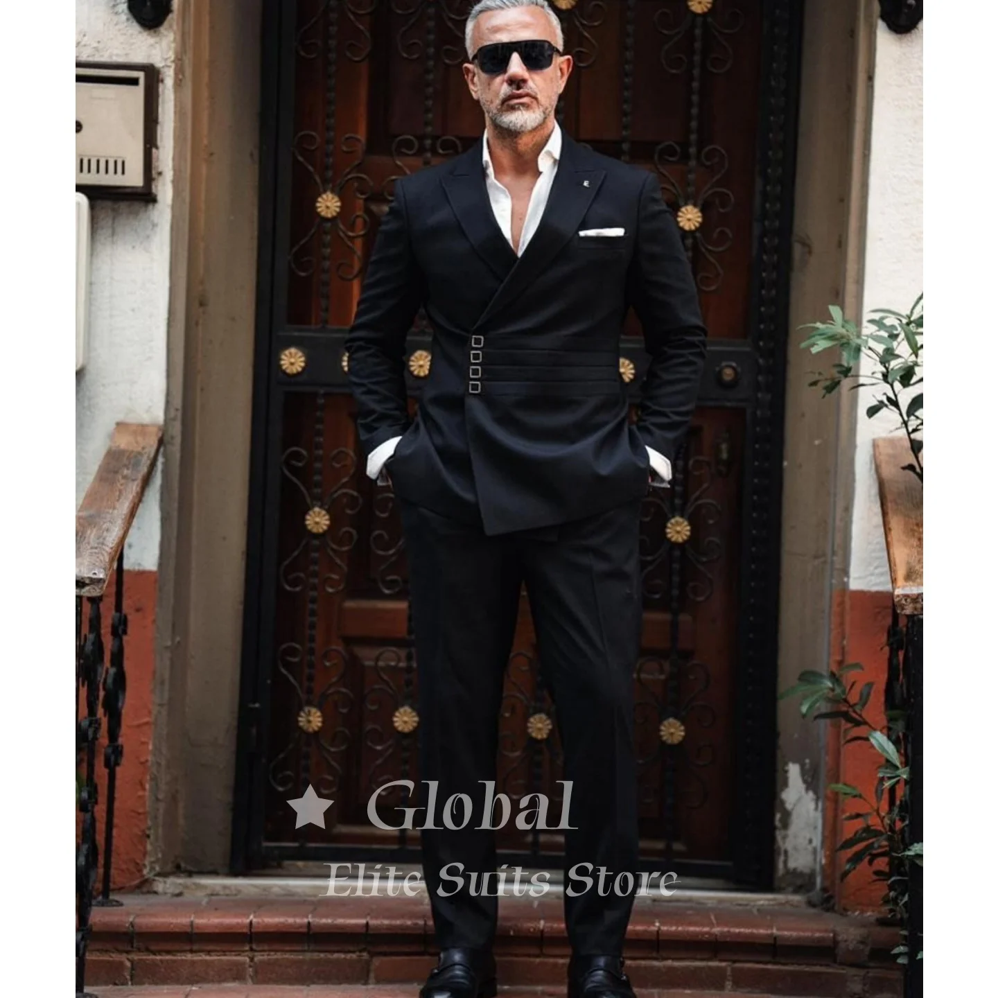Vintage Black Wrap Suit for Wedding Groom Waist Buckle Blazer 2-Piece Outfit Prom Formal Banquet Party Suits Male Customized