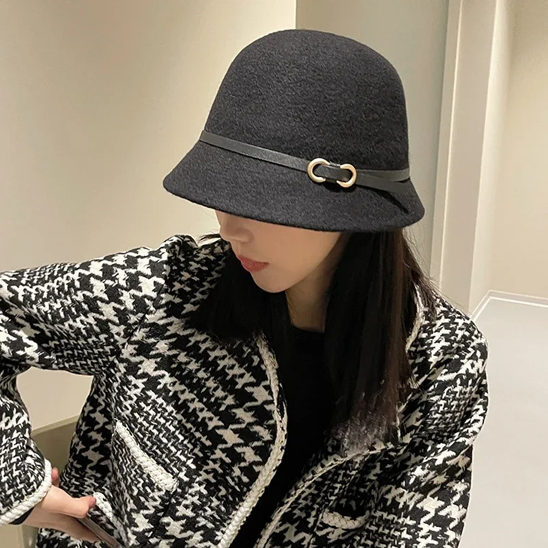 New Fashion Unisex Solid Color Wool Winter Hat with Belt Autumn Bucket Warm Woman Fishing Cap Gift Wholesale