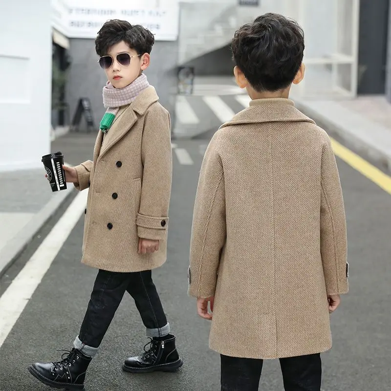 Boys Wool Coat Autumn Winter Childrens Jacket Fashion Turn Collar Plaid Keep Warm Outerwear Teenage Clothes 2023 5-14 clothes