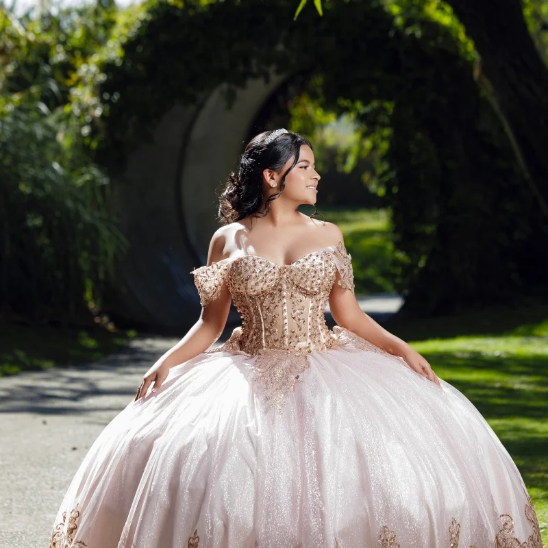 

Rose Pink Quinceanera Dresses Off the Shoulder Glitter Crystal Decal Long tail Bow Vestidoe 15 Quinceanera Customize