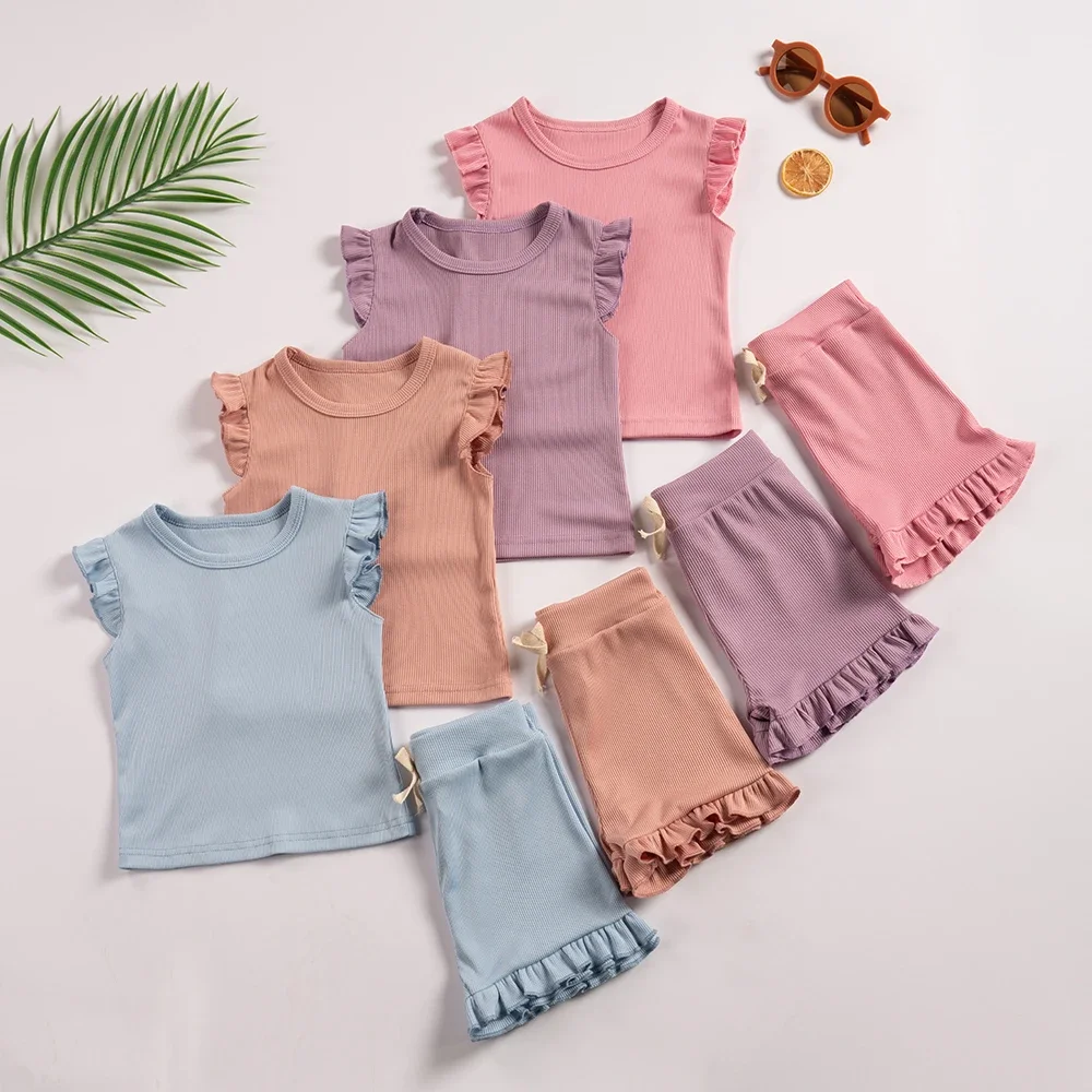 Summer Girls Clothes Sets 2pcs Fly Sleeve T-shirts Ruffle Shorts T-shrits Set Toddler Girl Clothes Suits Sleepwear Kids Clothing