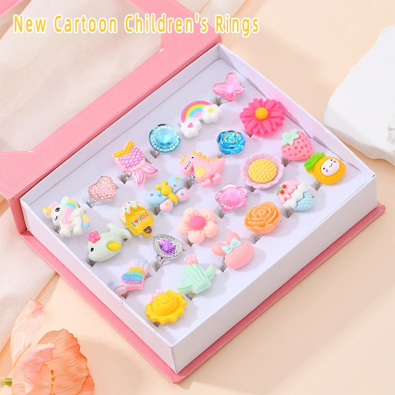 

FF Cute Cartoon Crystal Rings for Girls Adjustable Enamel Animal Jewelry Kids Pretend Play Toys
