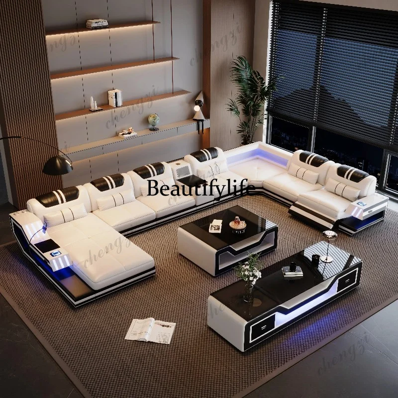 Convertible Genuine Leather Sectional Sofa Bed with Electric Recliners, Storage, Adjustable Headrests, Speakers, USB & LED Light