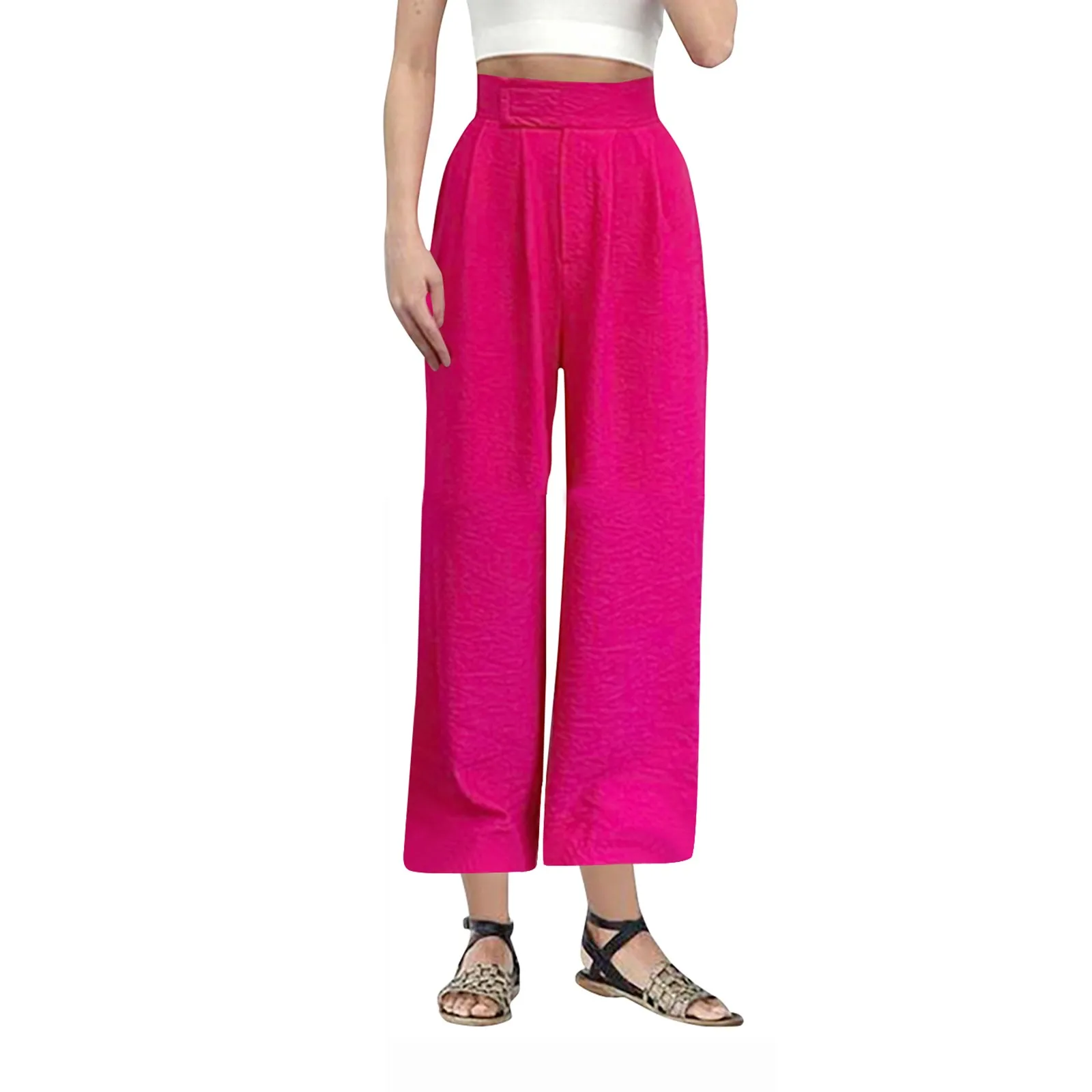 Classic Basic Casual And Comfortable Linen Fabric Straight Leg High Waist Pants For Female Plain Color Versatile Pockts Trousers