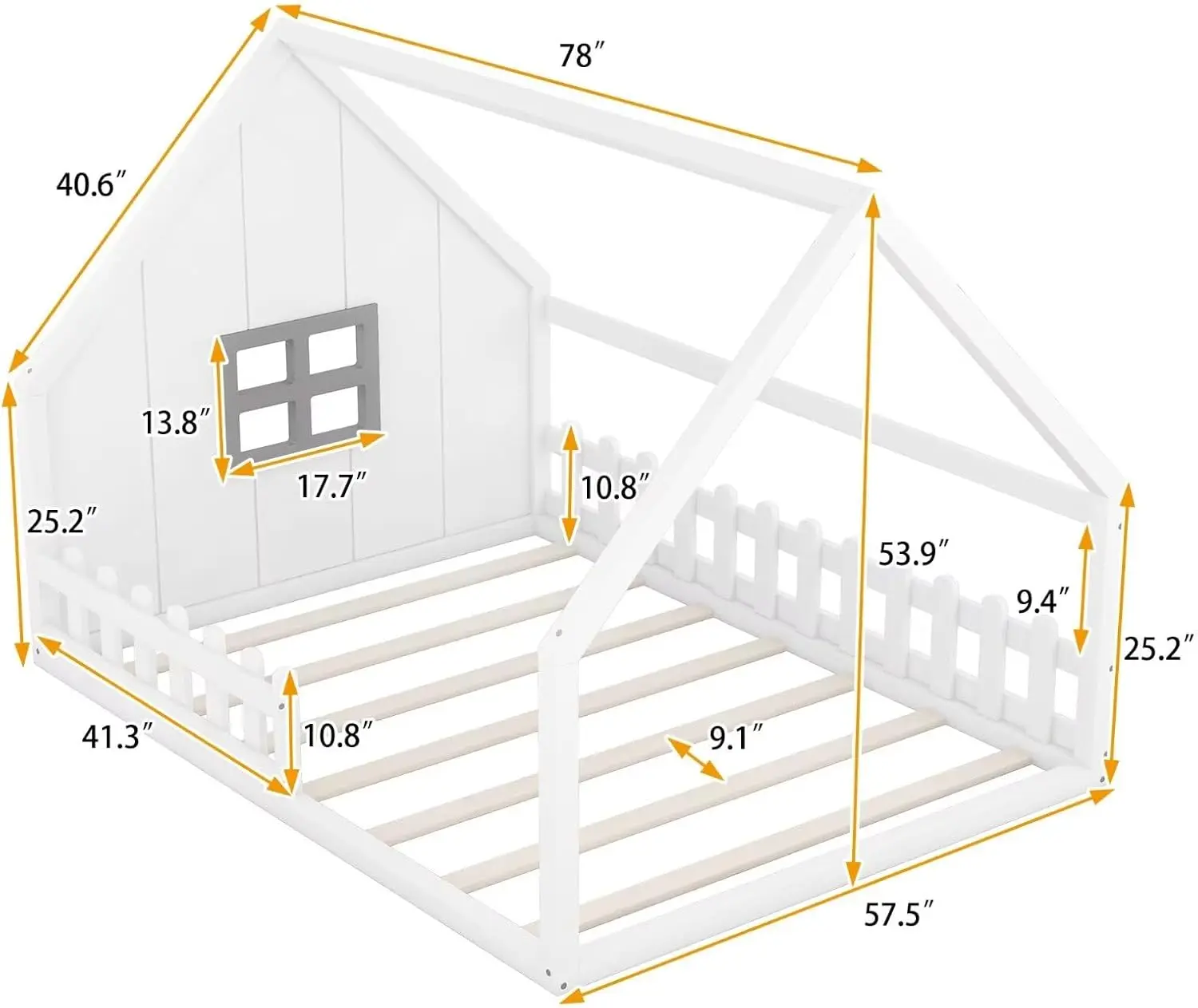 Full Size House Bed for Kids,Wood Montessori Floor Bed with Fence and Window,Full Floor Bed with Rails for Girls Boys