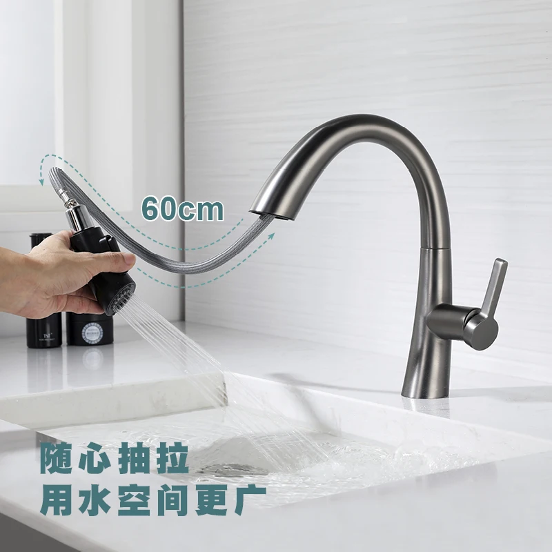

Contemporary Bathroom Vanity Sink Faucets Deck Mounted Single Handle Cold Hot Mixer Tap 2 Modes Pull Out Sink Faucets Gray