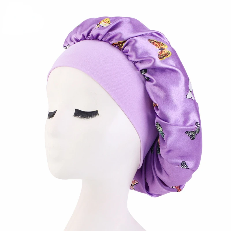 New Fshion Women Satin Night Sleep Cap Hair Bonnet Hat Silk Head Cover Wide Elastic Band