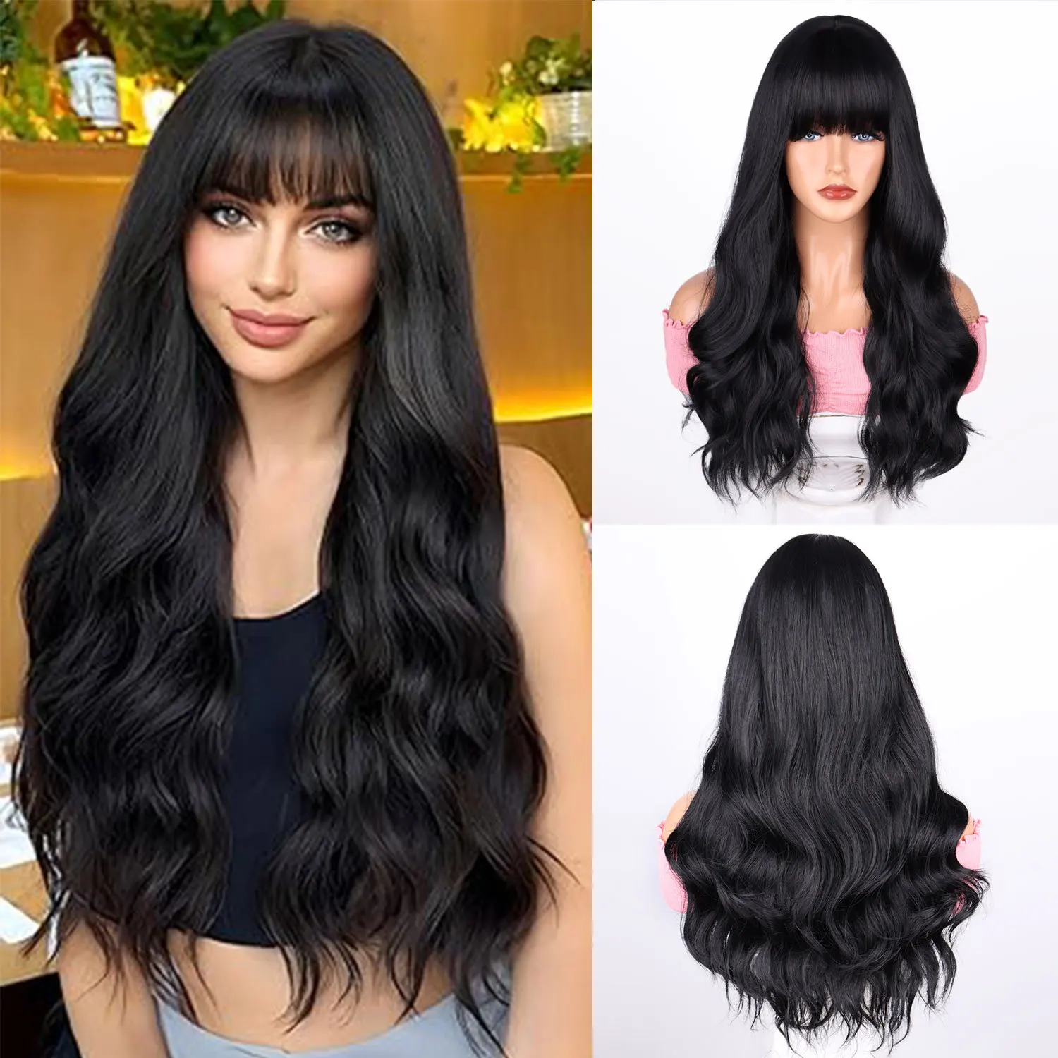 

European and American fashion women's black Ruili Qi bangs big waves long curly hair, high temperature silk full headgear