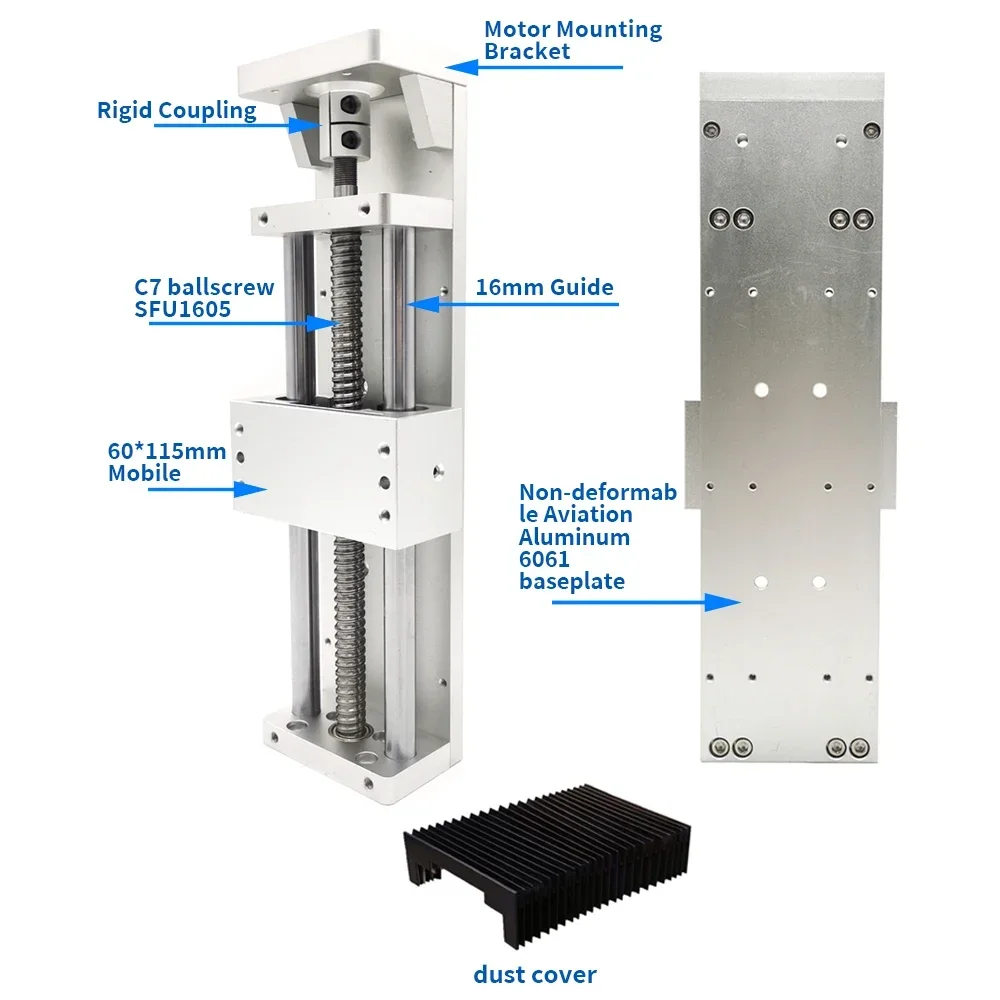 CNC XYZ Axis Sliding Table Aluminum Optical Axis Linear Guide Stage With Dust Cover Handwheel 100-700mm Stroke SFU1605 BallScrew