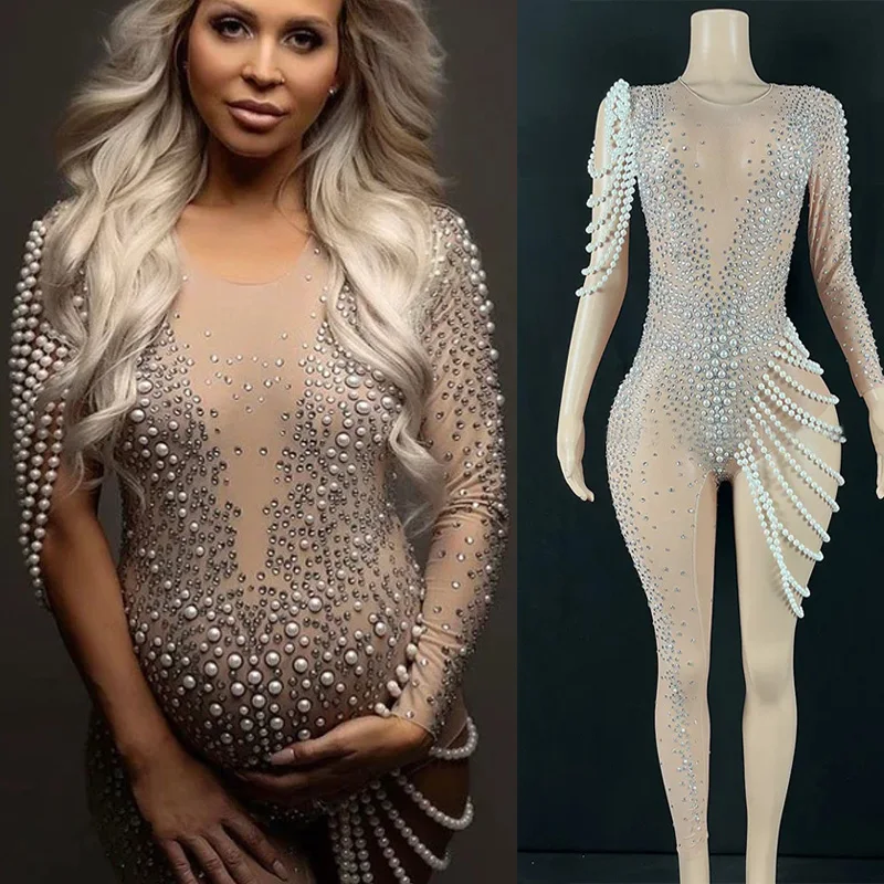 Bodysuit bersalin berhiasan untuk pemotretan kehamilan jumpsuit berlian imitasi mutiara wanita manik-manik seksi menawan klub mewah