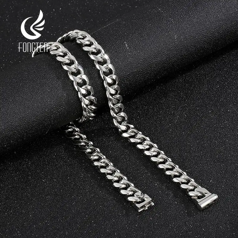 

Fongten Width 13mm Charm Necklace for Men Stainless Steel Cuban Link Chain Choker Necklace Gold Silver Color Men Jewelry