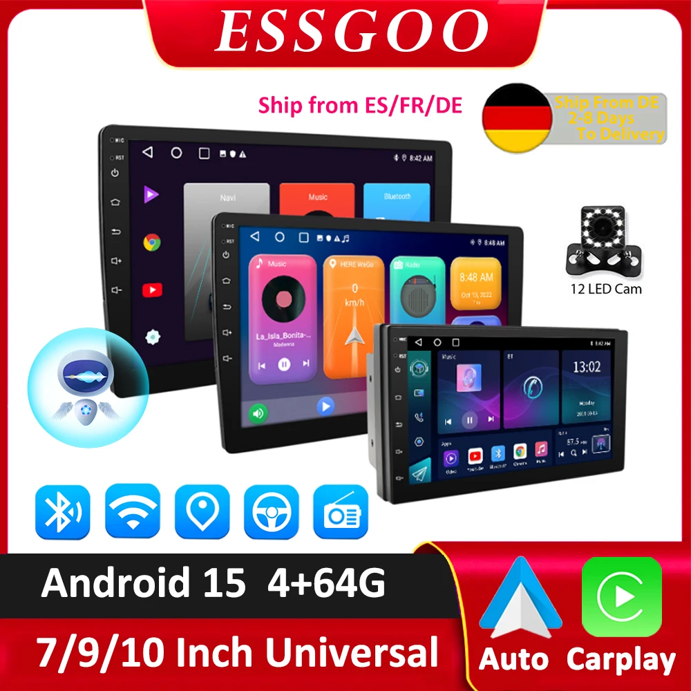 ESSGOO Android 15 Car Radio Wireless Carplay Auto 2 Din 7"/9"/10" GPS Navigator MP5 Player Glass Screen Wi-Fi FM BT Car Stereo