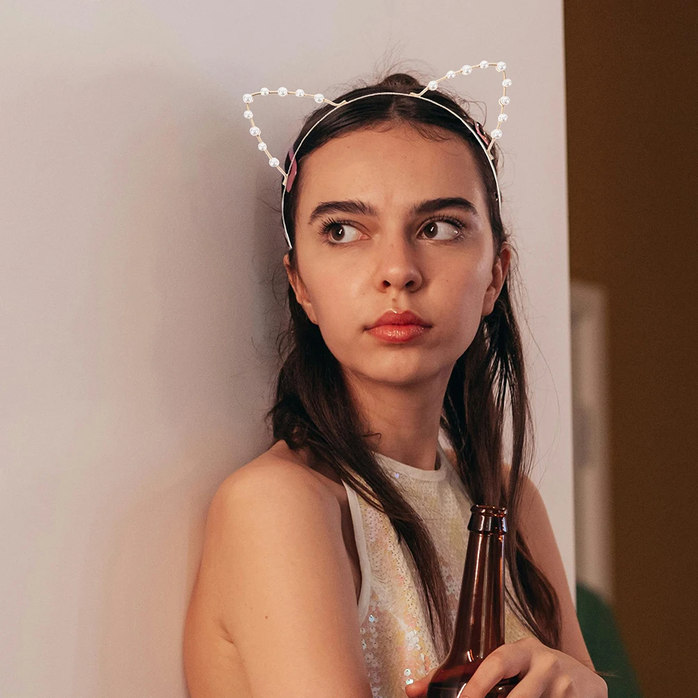 

2Pcs Pearl Headbands for Women Girls Vintage Hair Accessories Elegant Cat Ear Headdress Durable Material Stylish Design
