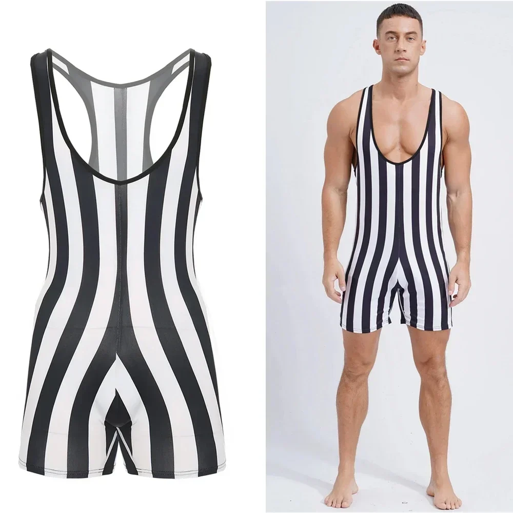 Mens Water Sports Surfing Fitness Short Striped Jumpsuit Wrestling Singlet Slim Fit Boxer Shorts Rompers Bodybuilding Shapewear