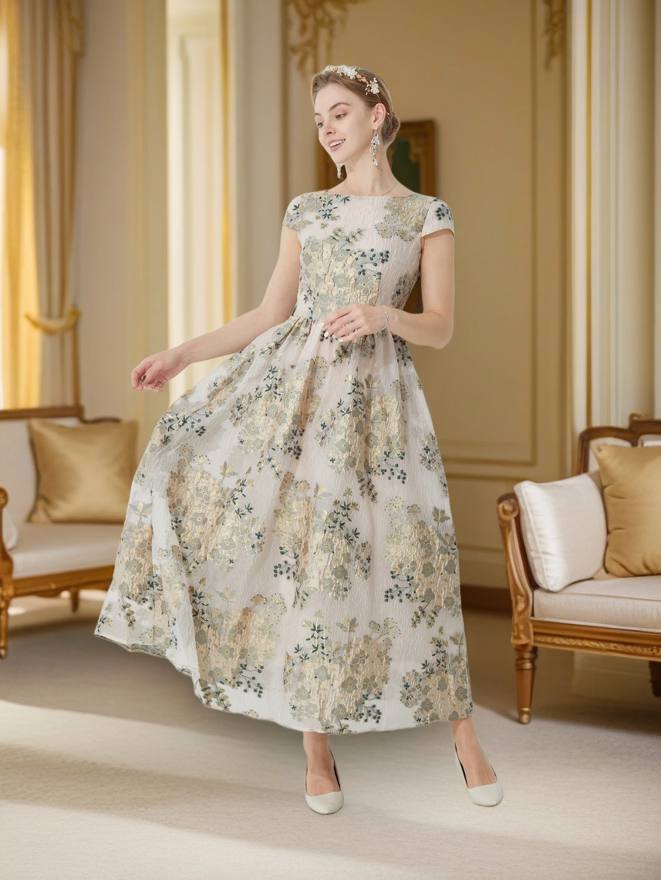 French Retro Formal Dress Jacquard Waist-Cinching Full-Skirt Long Gown - Luxury Celebrity Style Evening Banquet Elegant Dress