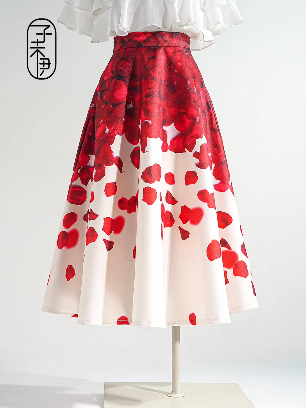 High Quality New Spring Autumn Romantic Rose Print Mid-length Women A-line Skirt Elegant High Waist Casual Umbrella Skirt 2026