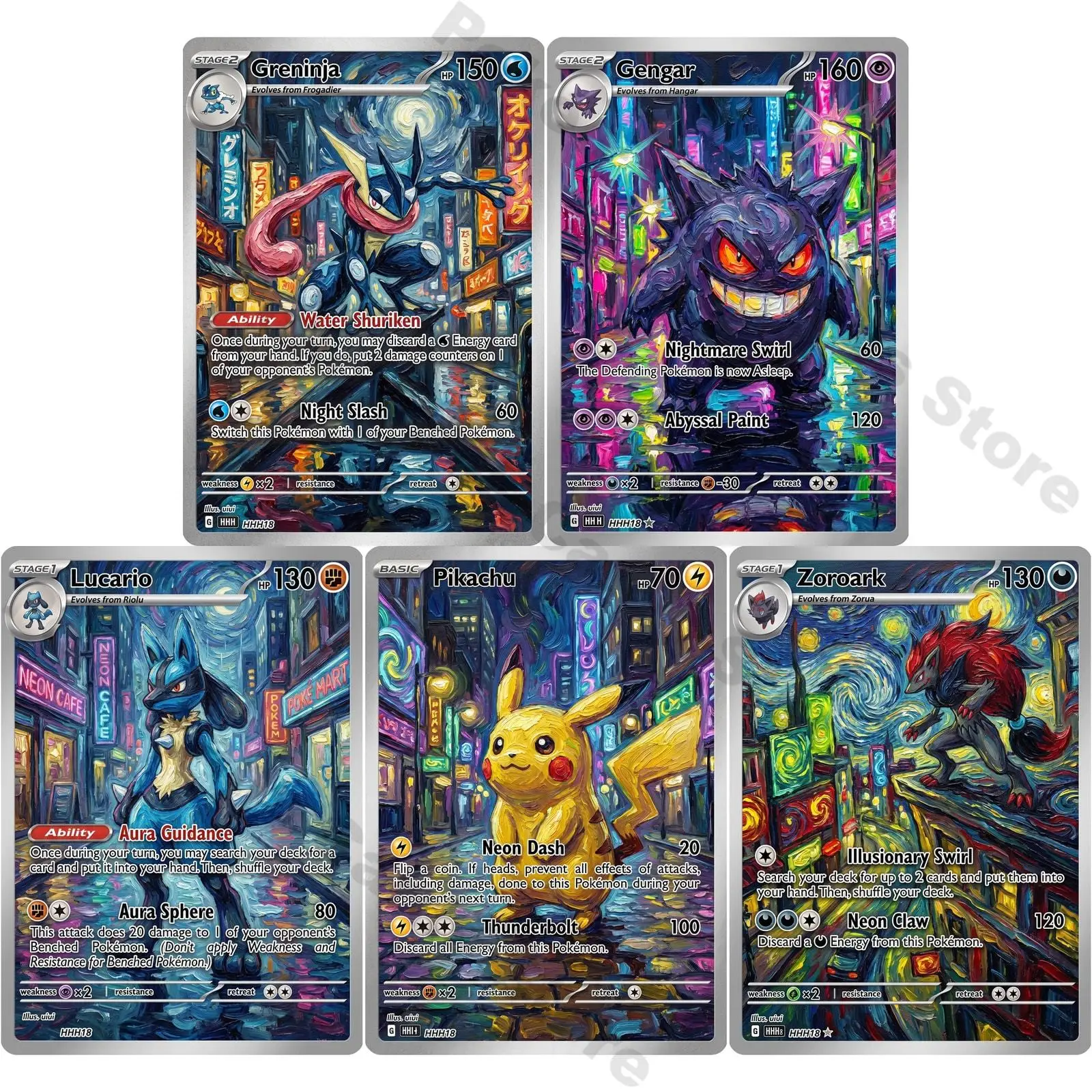 5Pcs PTCG Cards PTCG Oil Painting Style Custom Trading Gengar Lucario Zoroark Collection Cards Rare Cards Set PTCG Gift