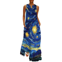 Abito dipinto a olio Van Gogh Notte stellata Abito lungo vintage Estetico Abiti lunghi casual Abiti oversize personalizzati con scollo a V femminile