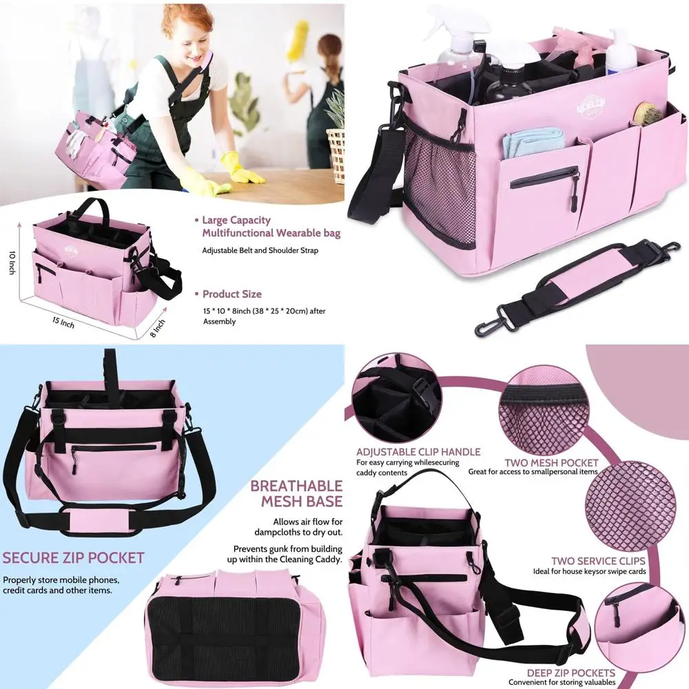 

Portable Cleaning Supply Caddy Bag with Handle, Shoulder, and Waist Straps for Home, Car, and Furniture Storage.