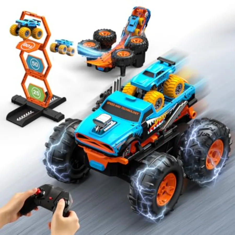 2-In-1 Remote Control Car With Transform Launcher Track For Indoor Outdoor Play, ABS Plastic, Red And Black, 2.4GHz Signal Stab