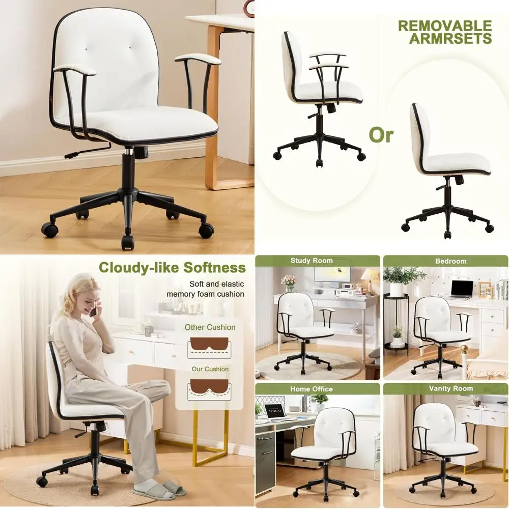 

Modern White PU Leather Desk Chair with Padded Armrests, Adjustable Height Swivel Office Chair on Silent Wheels