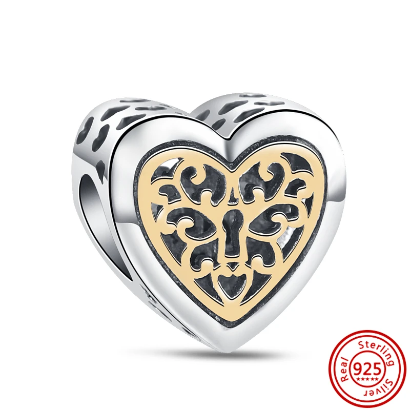 925 Silver Golden Heart Birthday Candle Engagement Ring Pendant DIY Beads Fit Original Pandora Charms Bracelet Fine Jewelry Gift