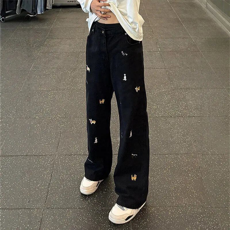

Cartoon Dog Embroidered Straight Leg Jeans Men's Trendy Brand American High Street Vibe Slim Fit Bell Bot Low Waist