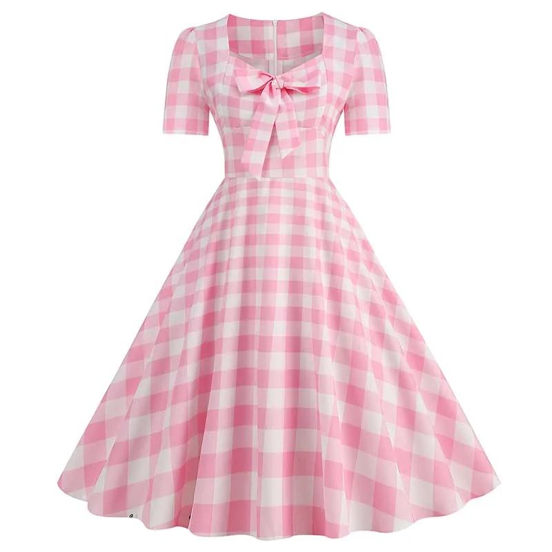Pink Plaid Vintage Party Dress for Women Square Collar Short Sleeve Casual Summer Elegant Fashion