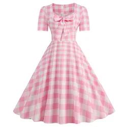 Pink Plaid Vintage Party Dress for Women Square Collar Short Sleeve Casual Summer Elegant Fashion